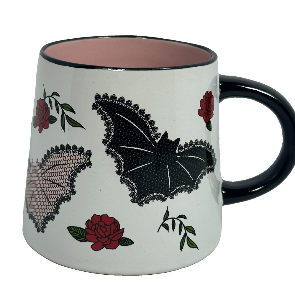 Gothic Cross Stitch Inspired Bat Ceramic Coffee Mug Pink‎ Roses Halloween
